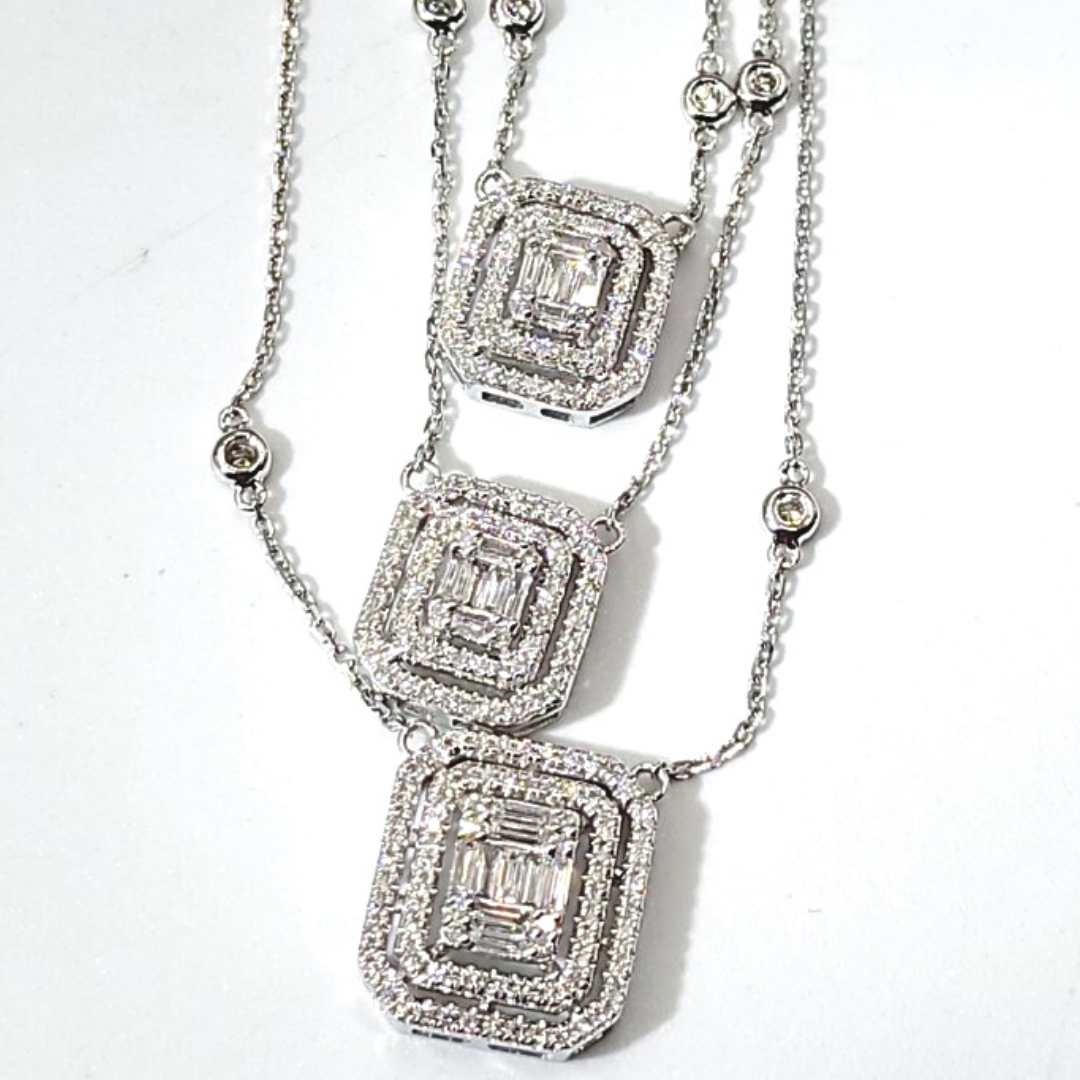 Layered Triple Emerald Illusion Diamond Necklace 14K Gold