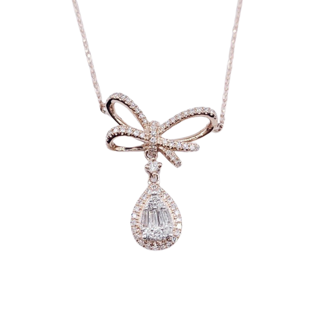 Luxury Bow Pear Diamond Drop Necklace 14K Gold