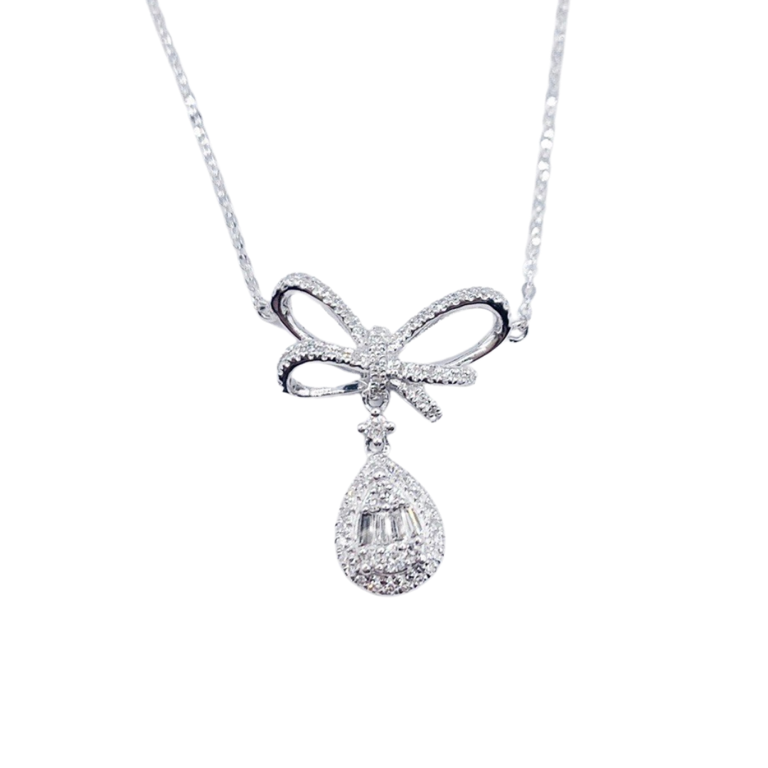 Luxury Bow Pear Diamond Drop Necklace 14K Gold