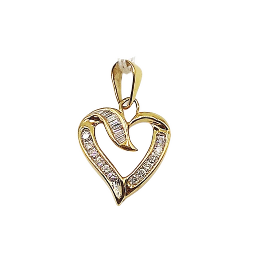 Open Heart Round-Baguette Diamond Pendant 14K Yellow Gold