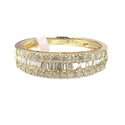 Baguette with Round Sides Half Eternity Diamond Ring, Wedding Band for Women 18K Yellow Gold