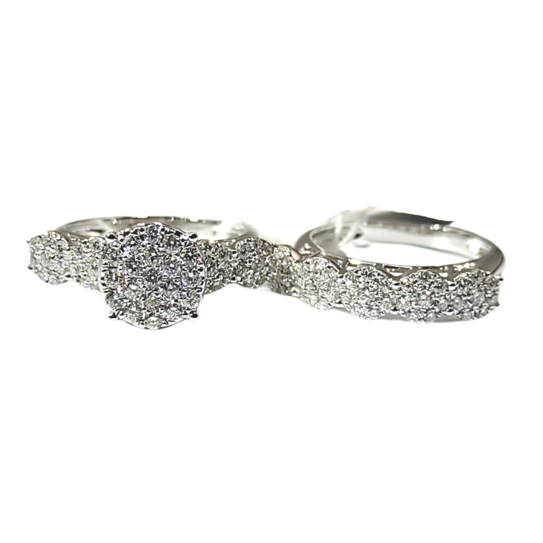 Round Illusion Diamond Engagement Ring and Round Illusion Half Eternity Wedding Ring Bridal Set 14K White Gold