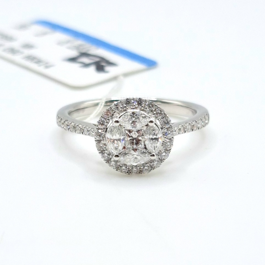 Round Illusion Halo Paved Diamond Engagement Ring 18K White Gold