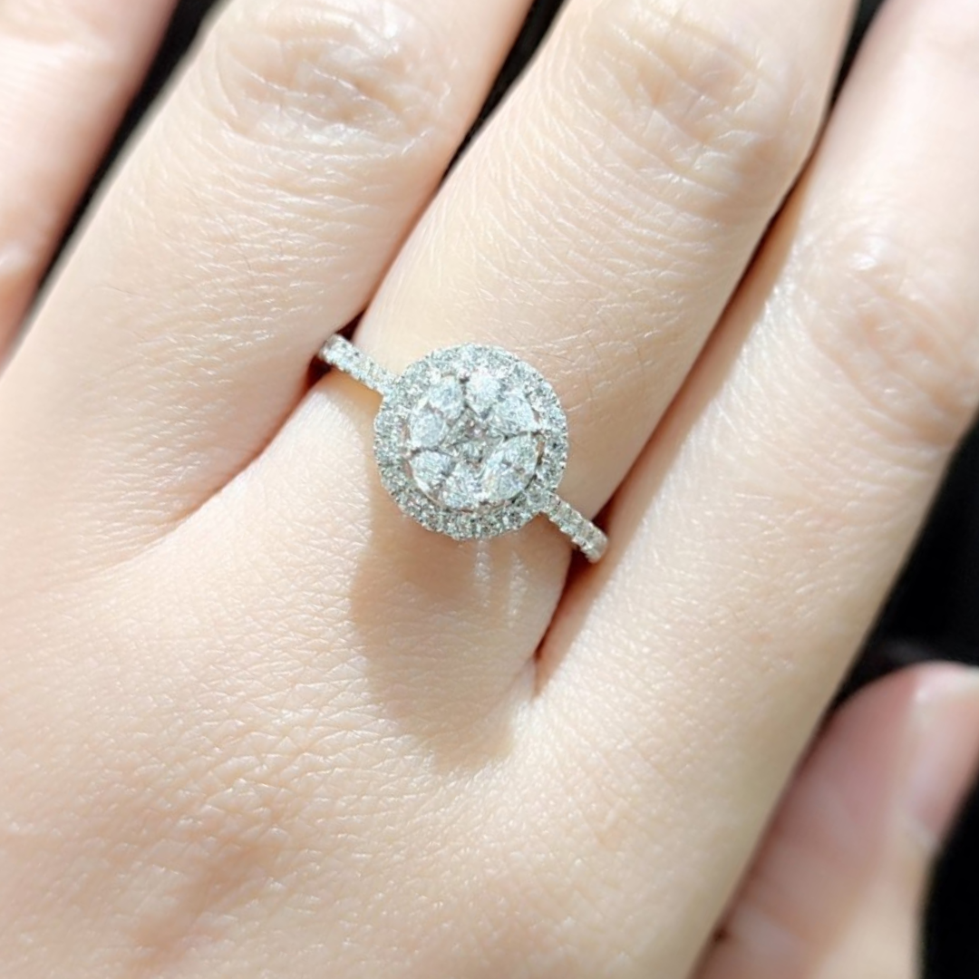 Round Illusion Halo Paved Diamond Engagement Ring 18K White Gold