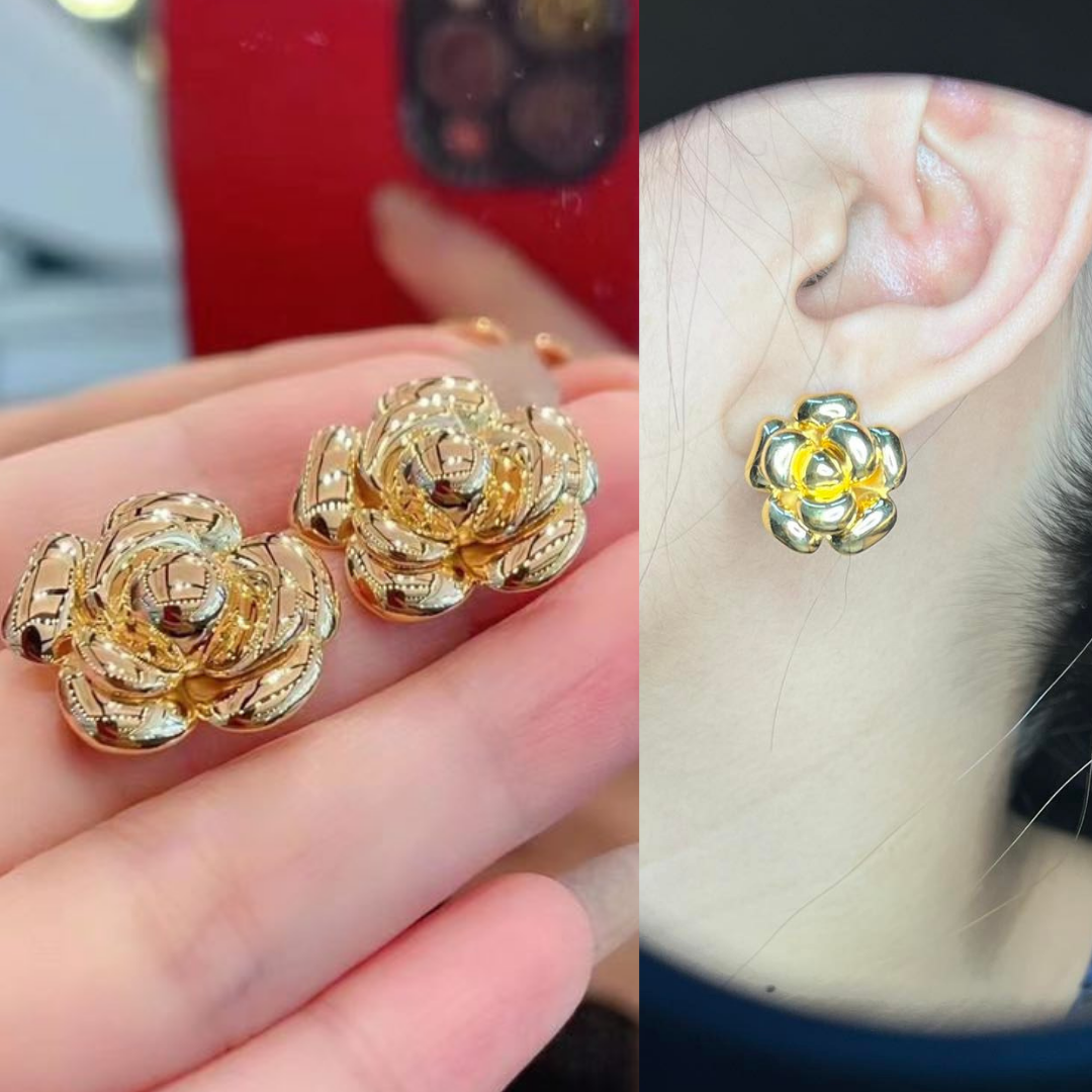 Shiny Rose Stud Earrings 18K Gold