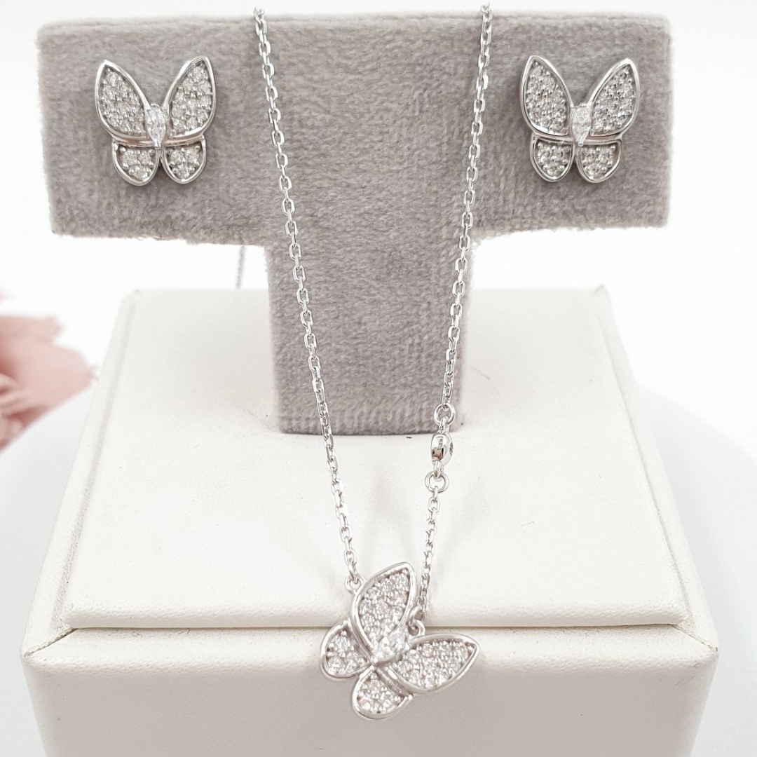 Studded Butterfly Jewelry Set 18K White Gold