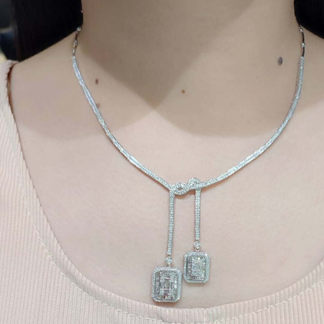 Twin Emerald Illusion Dangle Diamond Necklace 14K Gold