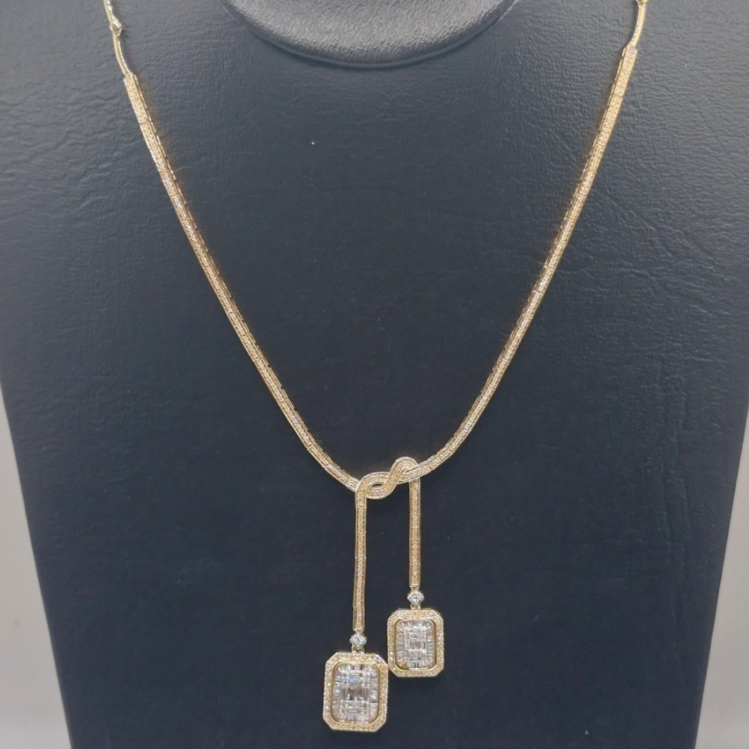 Twin Emerald Illusion Dangle Diamond Necklace 14K Gold