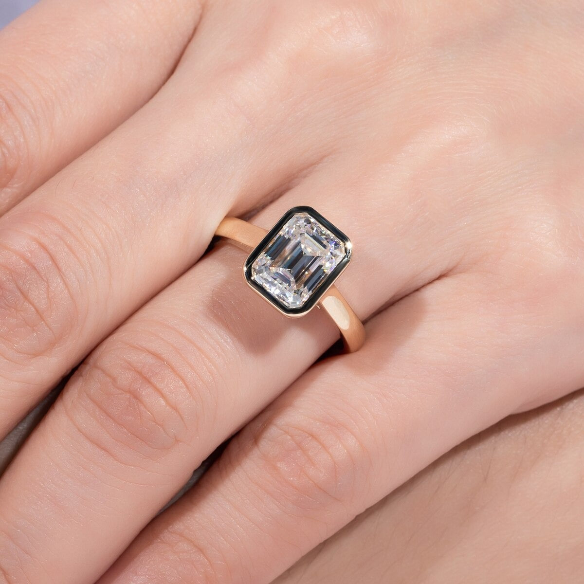 Emerald Cut Bezel Moissanite Engagement Ring 925 Silver