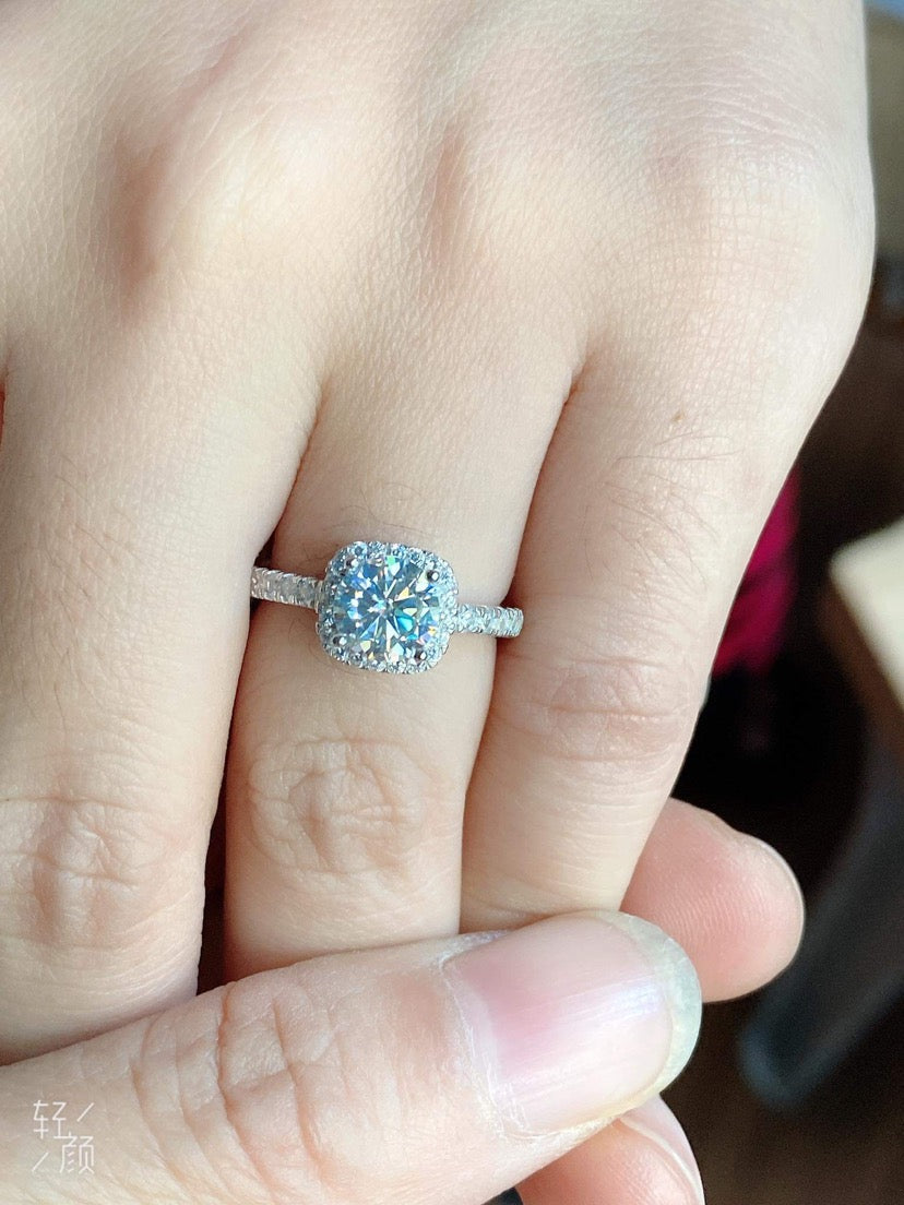 Classic 1 Carat Moissanite Engagement Ring. Cushion Halo Ring. High Quality Engagement Ring. Sterling Silver Promise Ring.