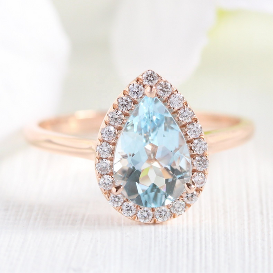 Pear Aquamarine Halo Engagement Ring Gold