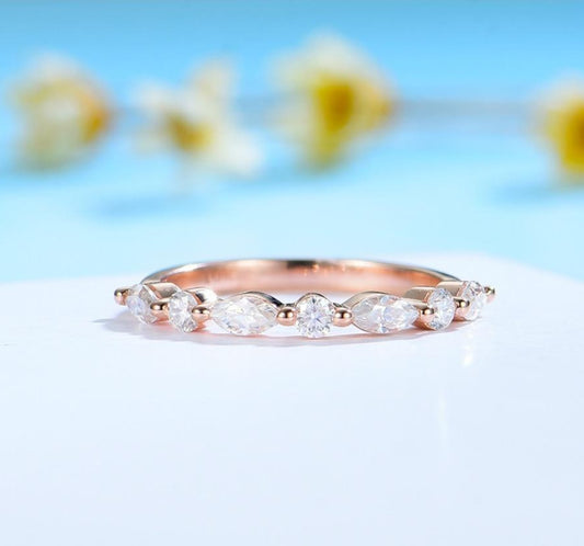 Marquise-Round Moissanite Half Eternity Wedding Ring  / Women's Stacking Ring