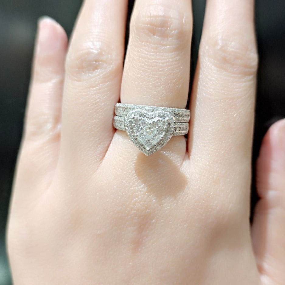 Heart Engagement Rin Heart Diamond Halo Engagement Ring / Half Eternity Wedding Band Bridal ...