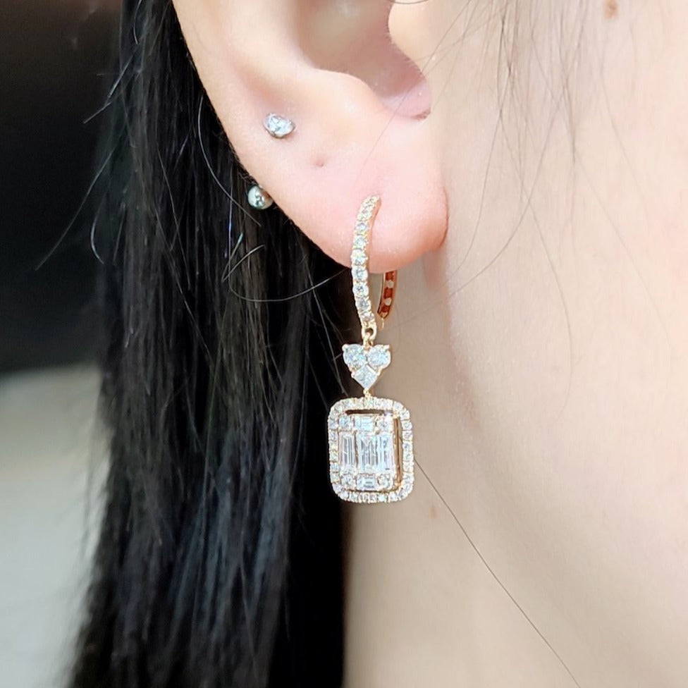 3 CT Emerald Dangling Diamond Earrings 18K Rosegold