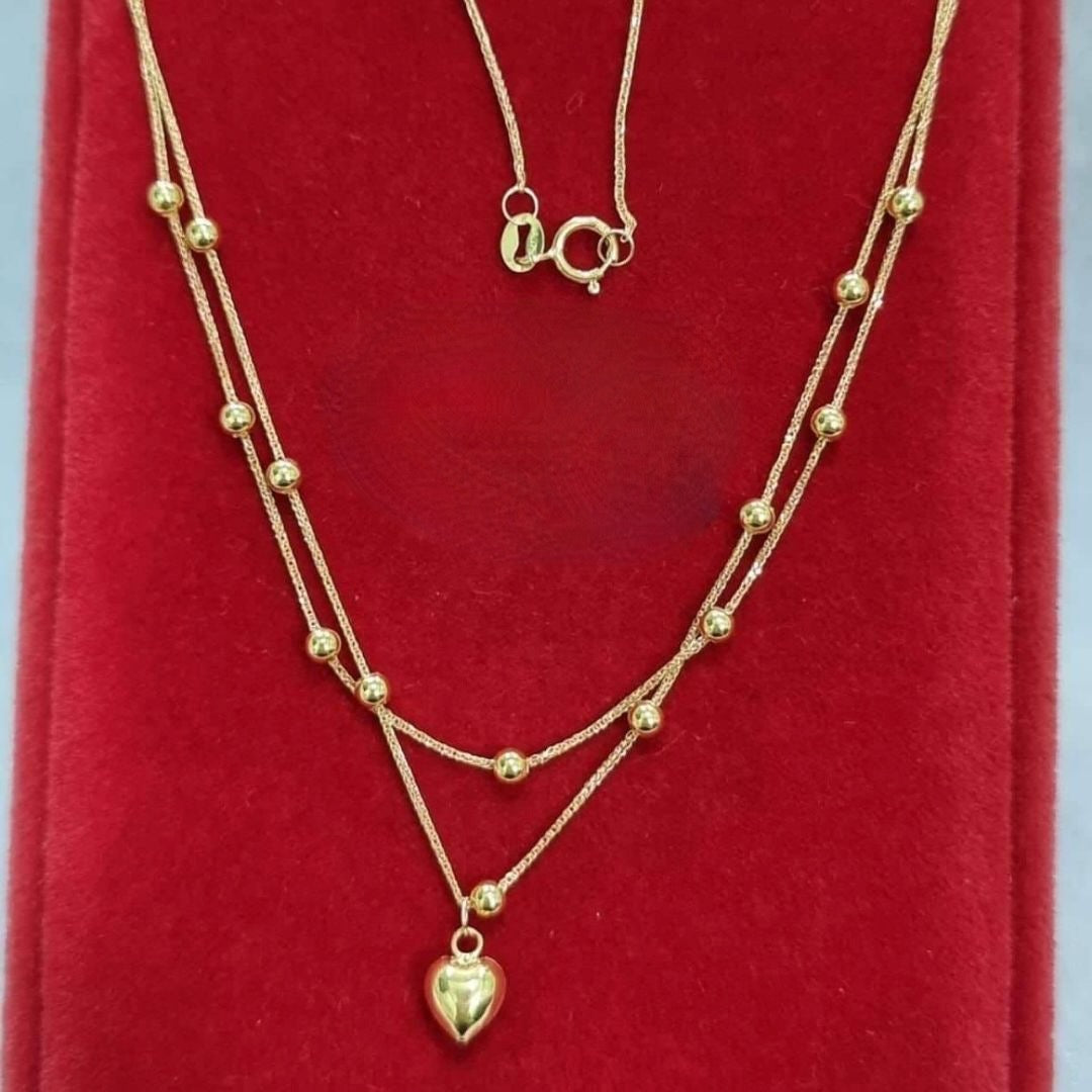 Double Strand Dangling Heart Necklace 18k Gold